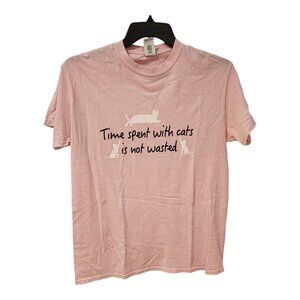 Women's Size Medium"Time Spent With Cats Is Not Wasted" Pink Shirt 100% COTTON